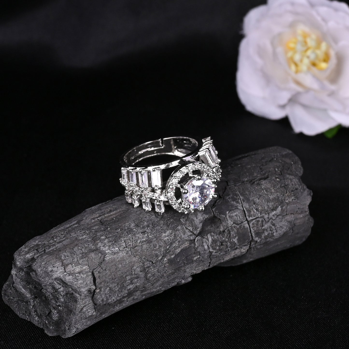 CKLAKART's NOOR Classic Silver-Toned Ring Featuring Sparkling American Diamonds