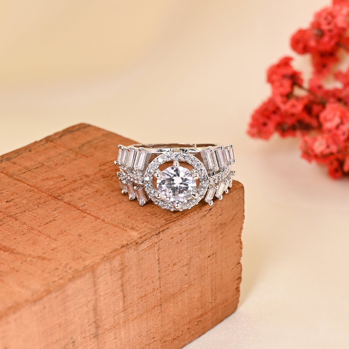 CKLAKART's NOOR Classic Silver-Toned Ring Featuring Sparkling American Diamonds