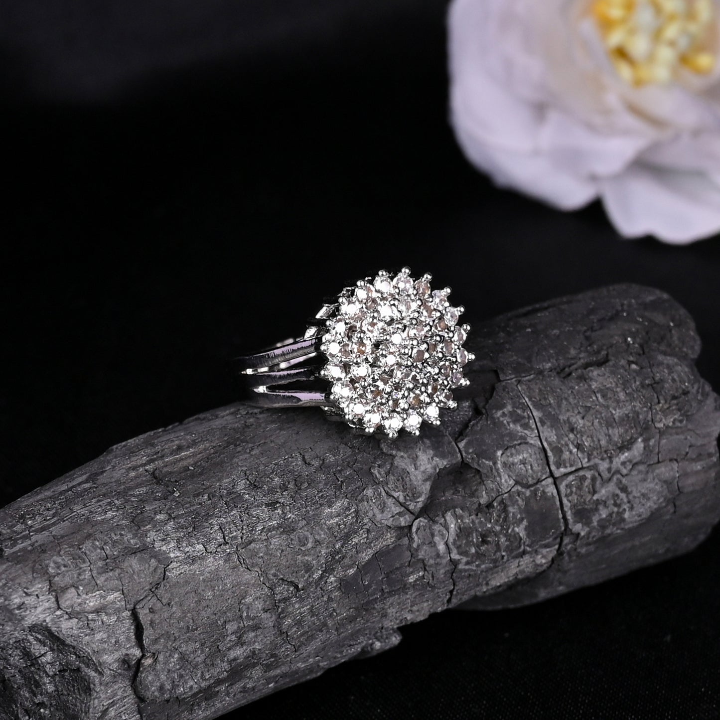 CKLAKART's NOOR Silver-Toned Ring Featuring Blooming Flower Design and Sparkling American Diamonds