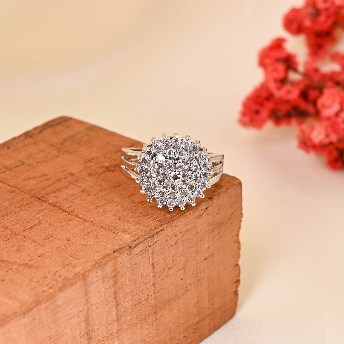 CKLAKART's NOOR Silver-Toned Ring Featuring Blooming Flower Design and Sparkling American Diamonds