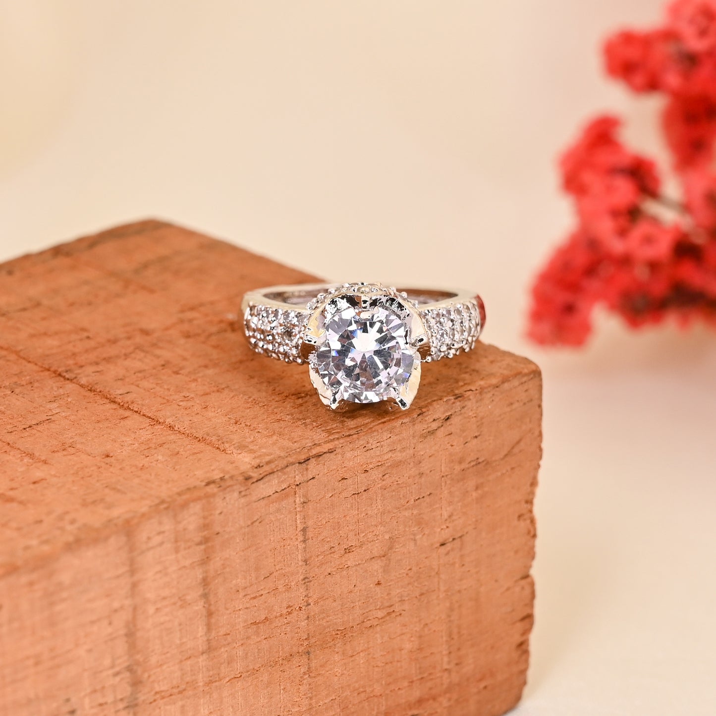 CKLAKART's NOOR Classic Silver Toned Ring with Elegant AD for a Cocktail Look
