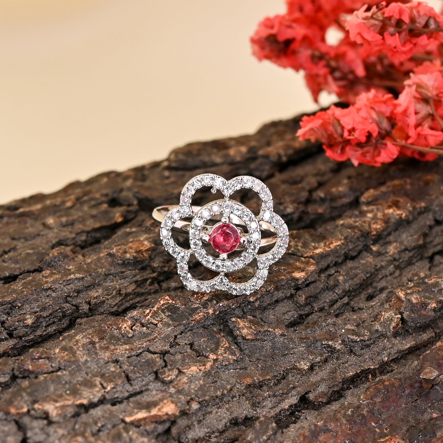 CKLAKART's NOOR Refined Silver-Toned Blooming Flower Ring Adorned with Ruby Color Stone and American Diamonds