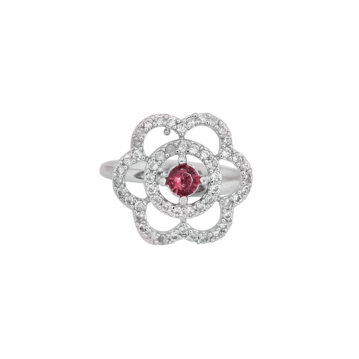CKLAKART's NOOR Refined Silver-Toned Blooming Flower Ring Adorned with Ruby Color Stone and American Diamonds