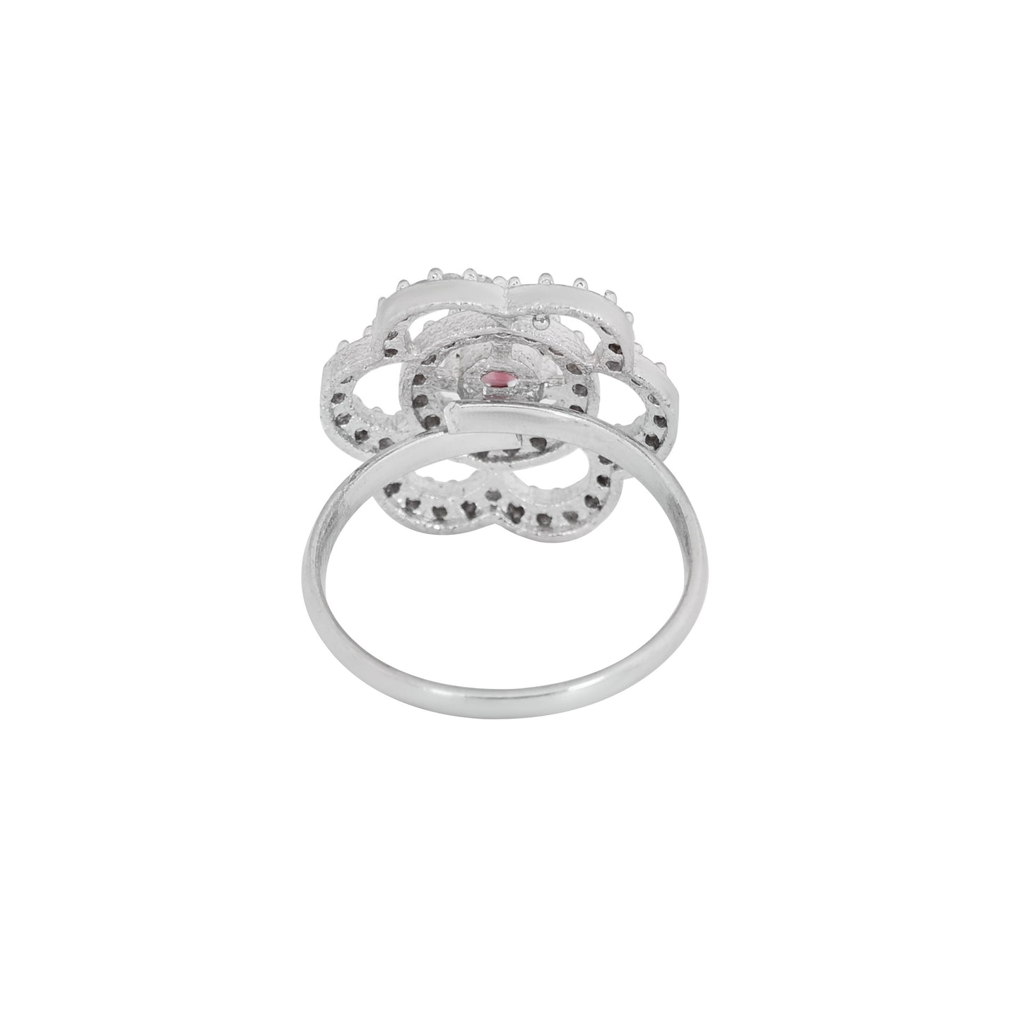 CKLAKART's NOOR Refined Silver-Toned Blooming Flower Ring Adorned with Ruby Color Stone and American Diamonds