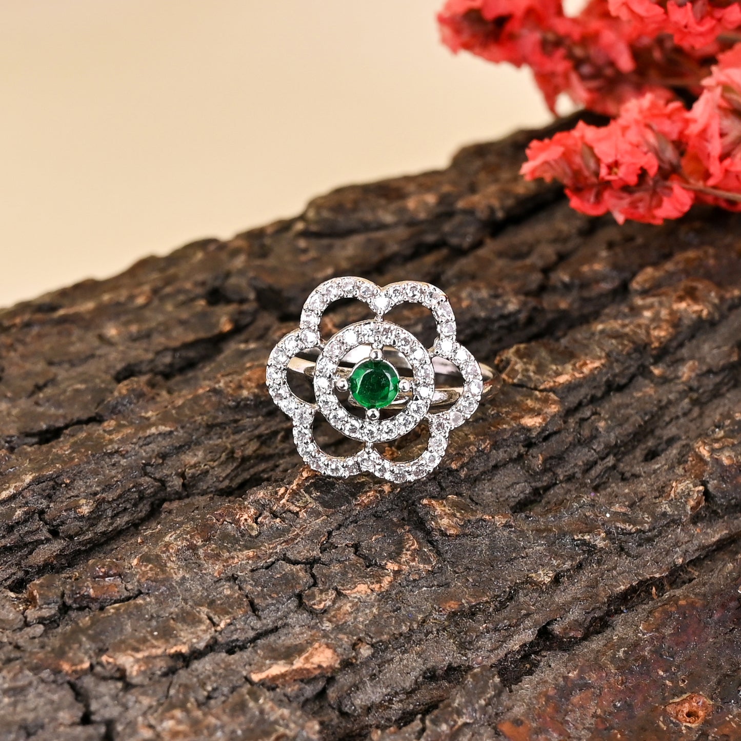 CKLAKART's NOOR Refined Silver-Toned Blooming Flower Ring Adorned with Emerald Green Color Stone and American Diamonds