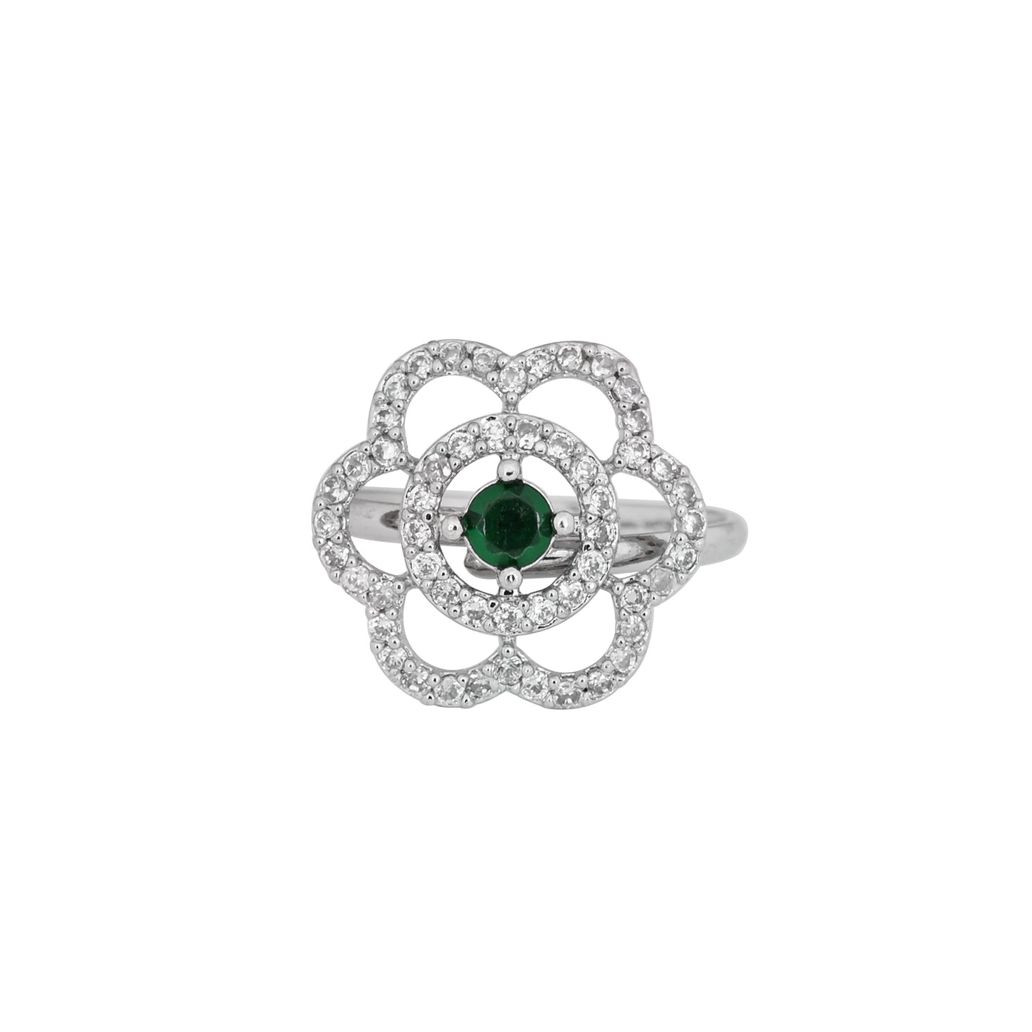 CKLAKART's NOOR Refined Silver-Toned Blooming Flower Ring Adorned with Emerald Green Color Stone and American Diamonds