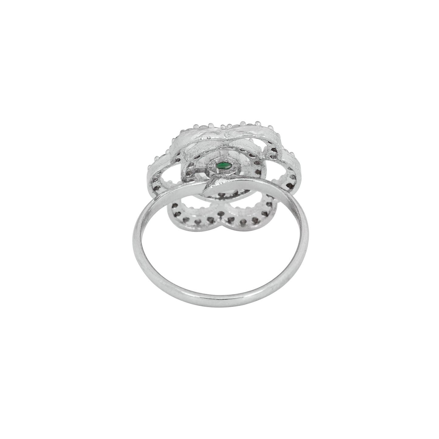 CKLAKART's NOOR Refined Silver-Toned Blooming Flower Ring Adorned with Emerald Green Color Stone and American Diamonds