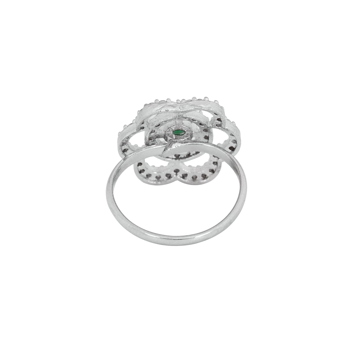 CKLAKART's NOOR Refined Silver-Toned Blooming Flower Ring Adorned with Emerald Green Color Stone and American Diamonds