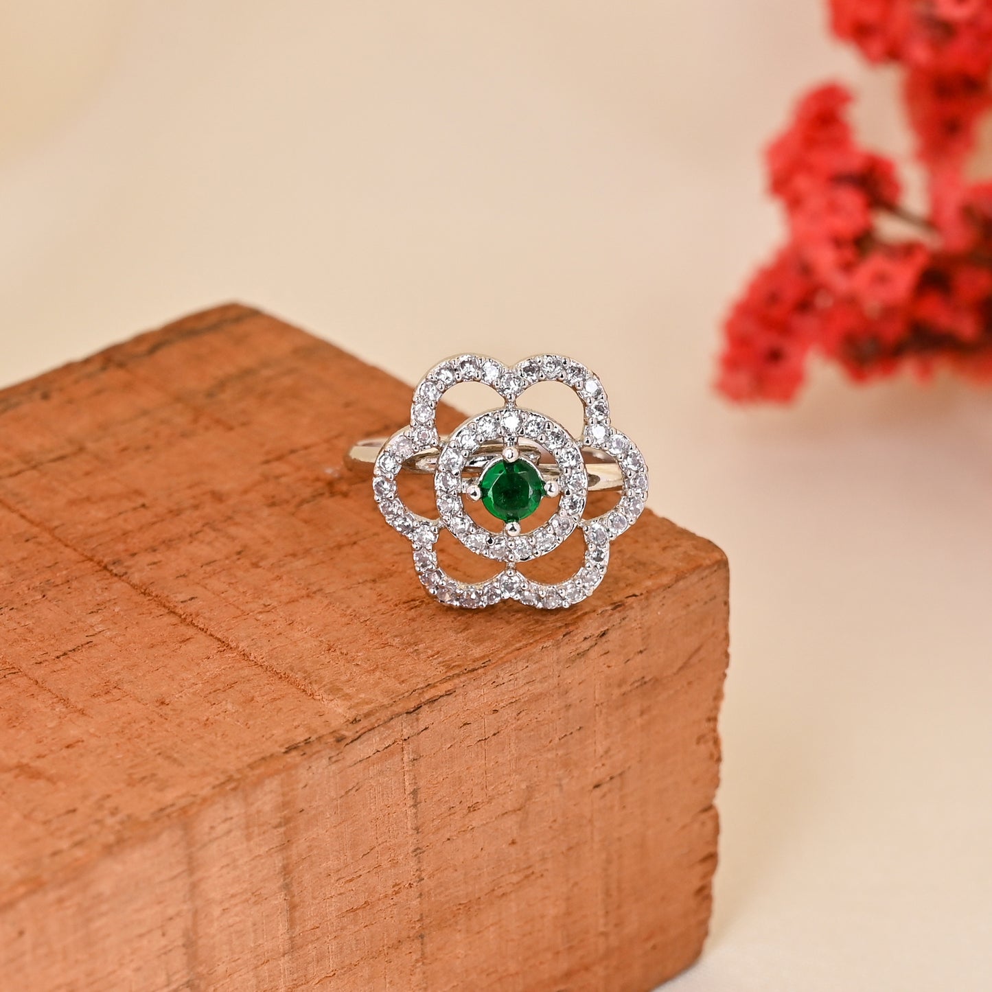 CKLAKART's NOOR Refined Silver-Toned Blooming Flower Ring Adorned with Emerald Green Color Stone and American Diamonds