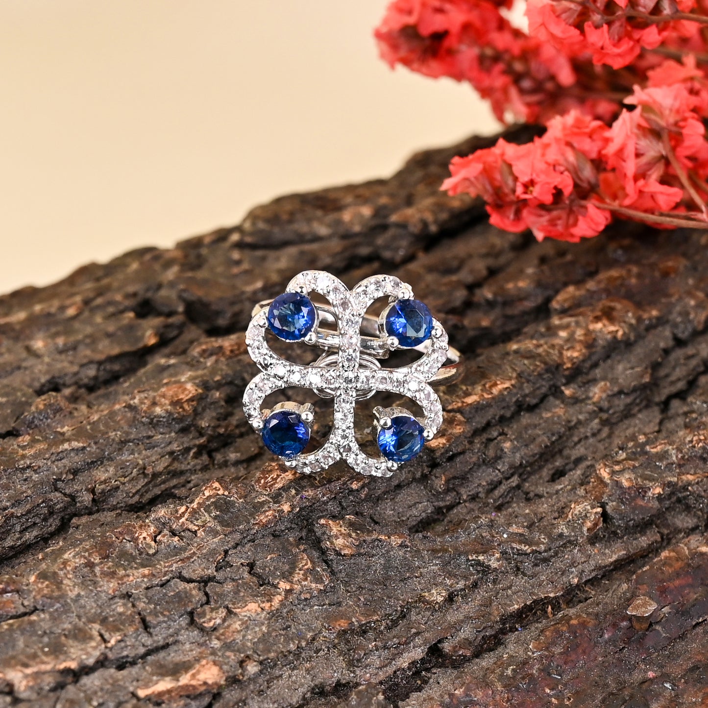 CKLAKART's NOOR Silver Clover Ring Featuring Sophisticated American Diamonds and Blue Sapphire Color Stone