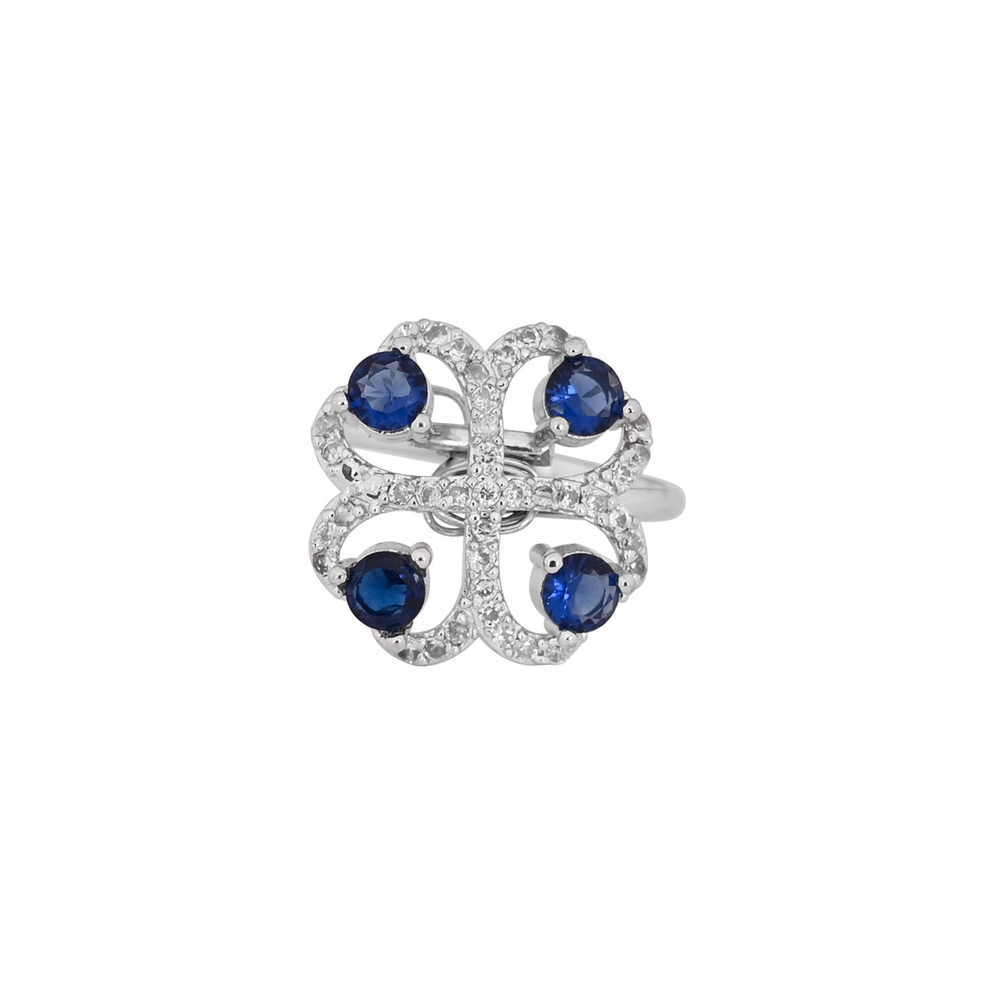 CKLAKART's NOOR Silver Clover Ring Featuring Sophisticated American Diamonds and Blue Sapphire Color Stone