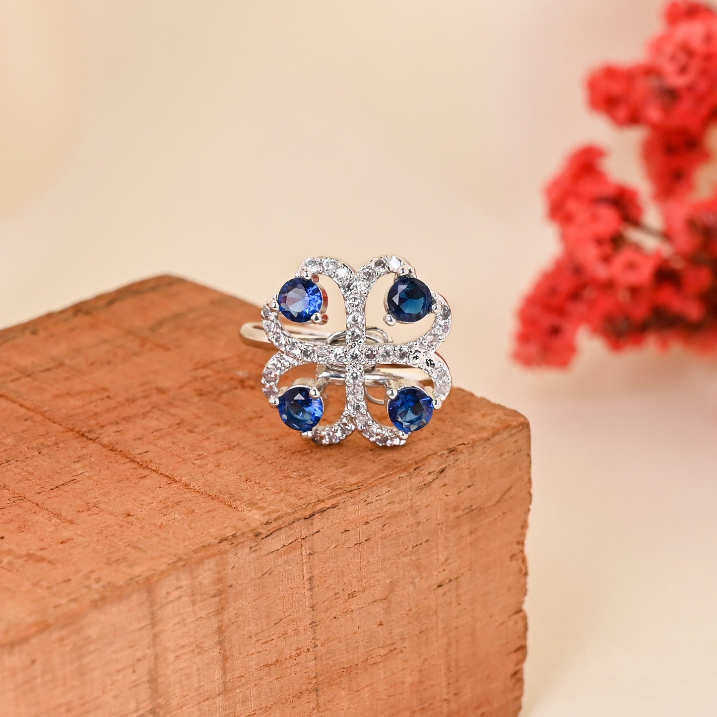 CKLAKART's NOOR Silver Clover Ring Featuring Sophisticated American Diamonds and Blue Sapphire Color Stone
