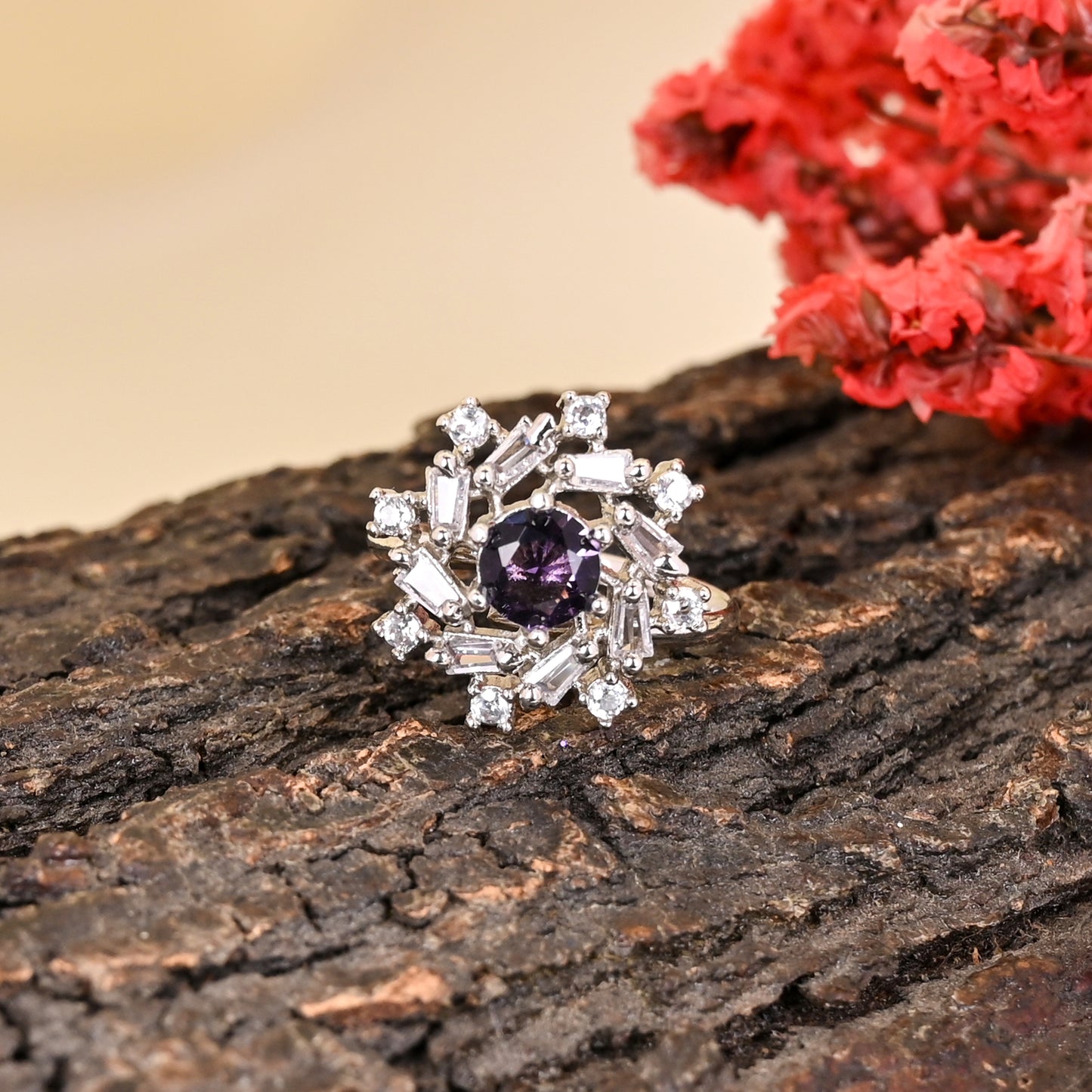CKLAKART's NOOR Silver Ring Featuring Sophisticated Amethyst Color Stone and Sparkling American Diamonds