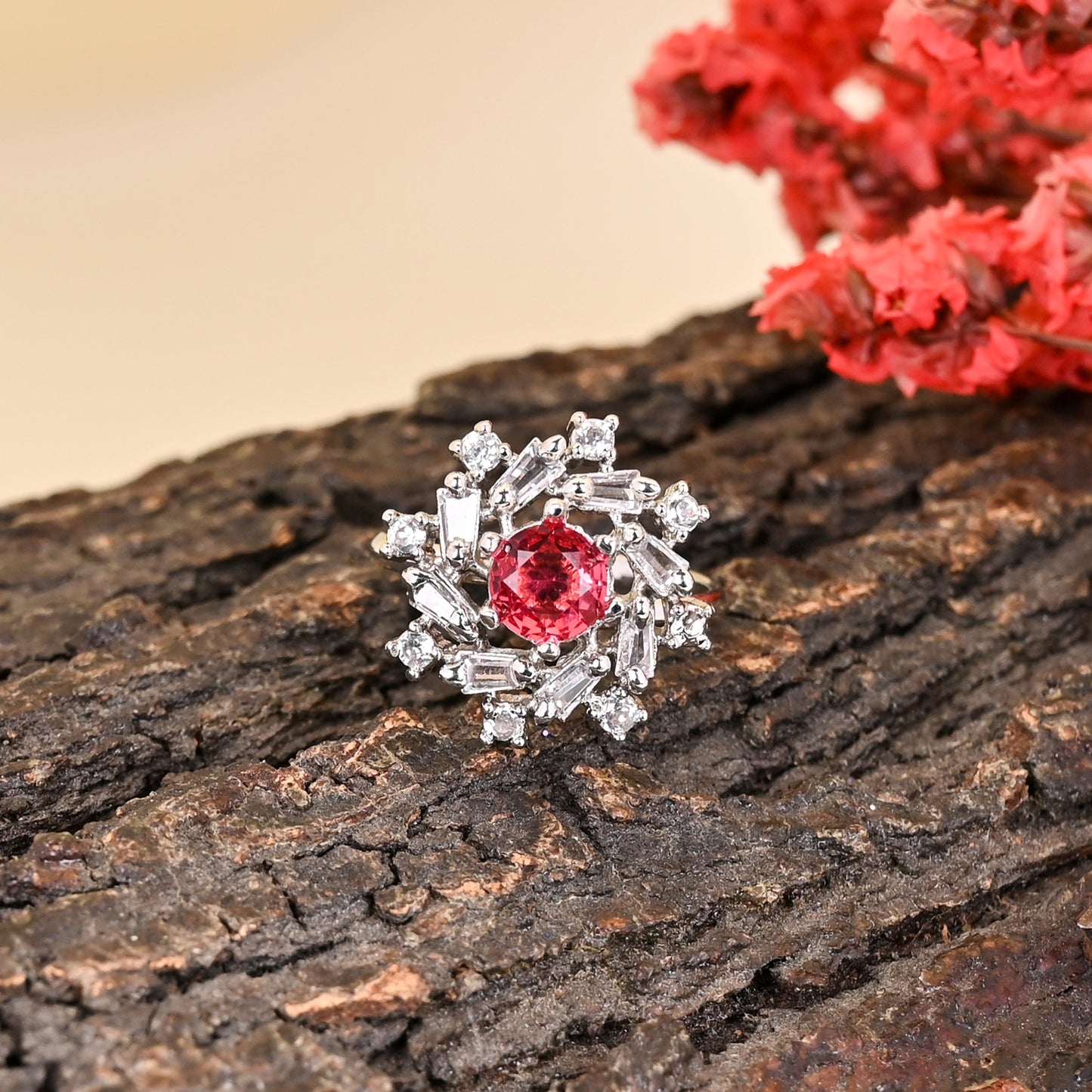 CKLAKART's NOOR Silver Ring Featuring Sophisticated Ruby Color Stone and Sparkling American Diamonds