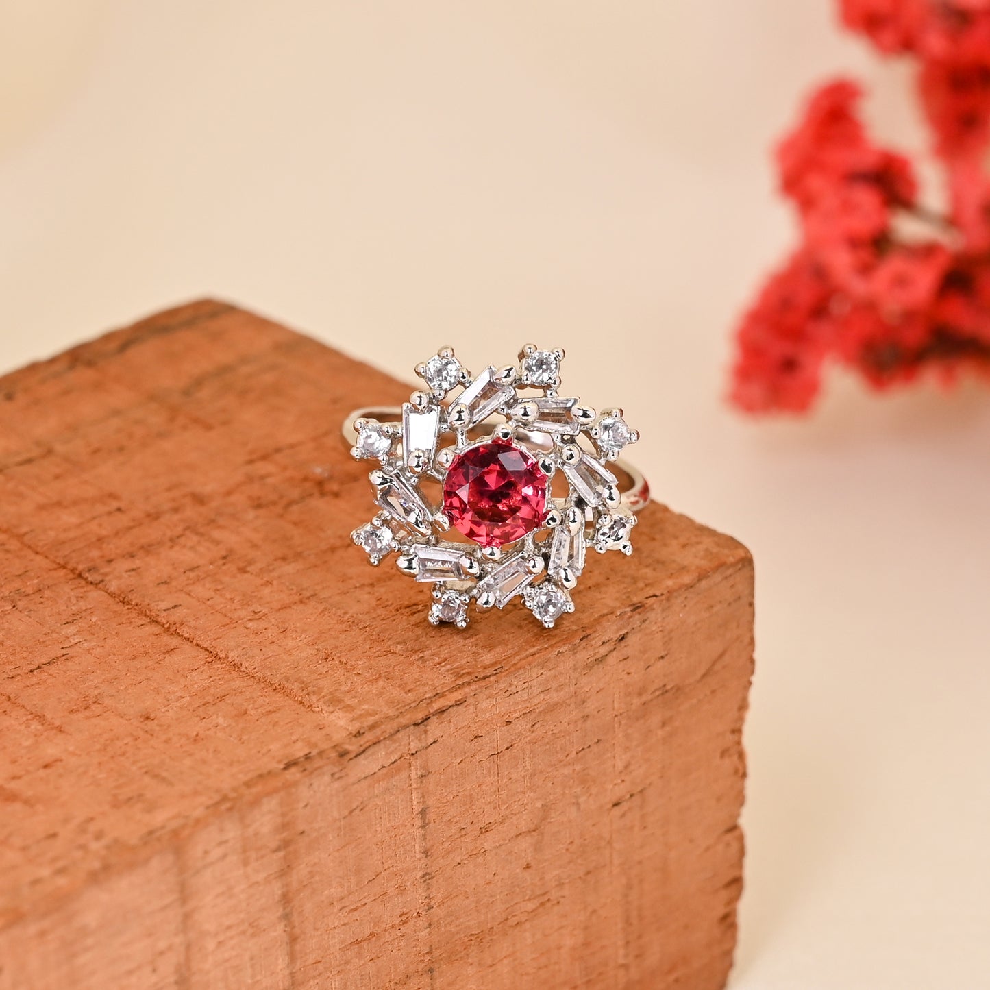 CKLAKART's NOOR Silver Ring Featuring Sophisticated Ruby Color Stone and Sparkling American Diamonds