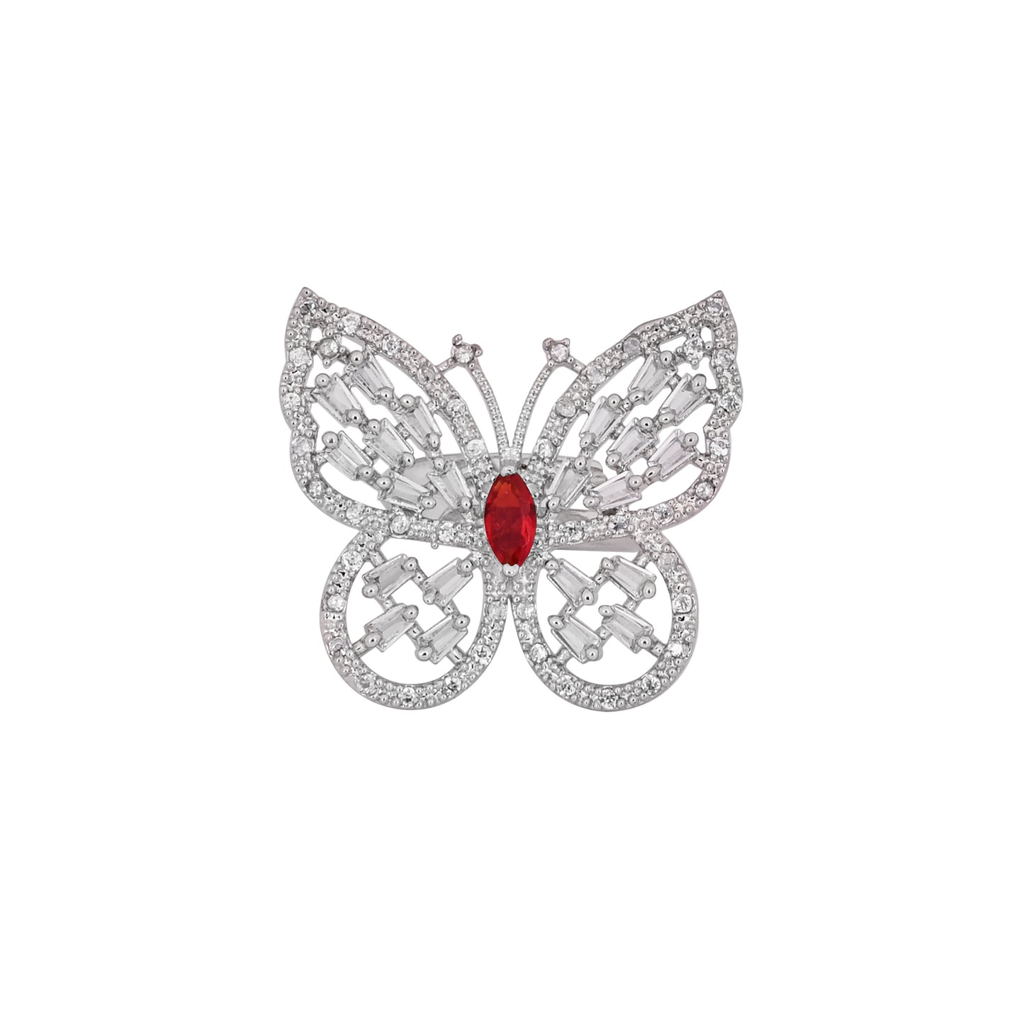 CKLAKART's NOOR Silver-Toned Butterfly Ring Adorned with Ruby Color Stone and Dazzling American Diamonds