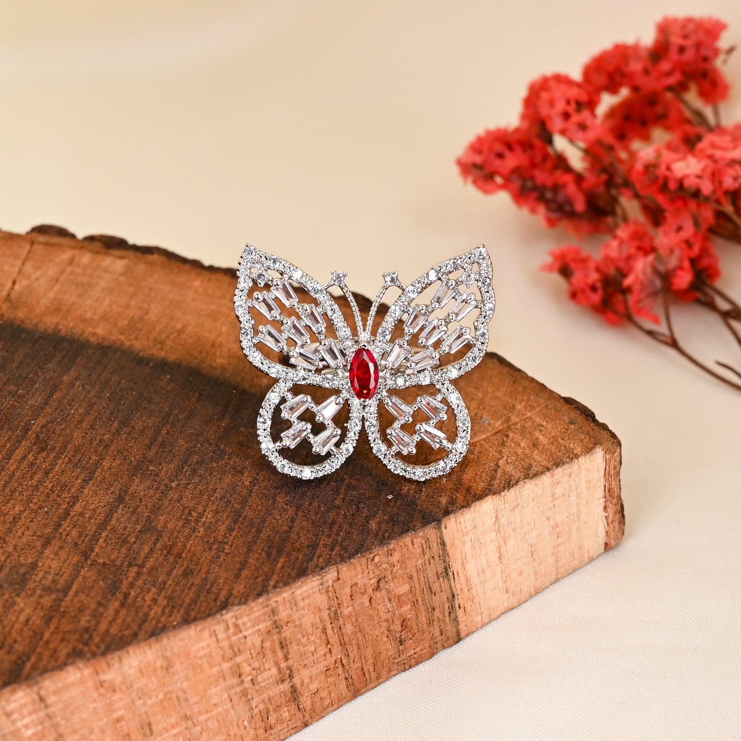 CKLAKART's NOOR Silver-Toned Butterfly Ring Adorned with Ruby Color Stone and Dazzling American Diamonds