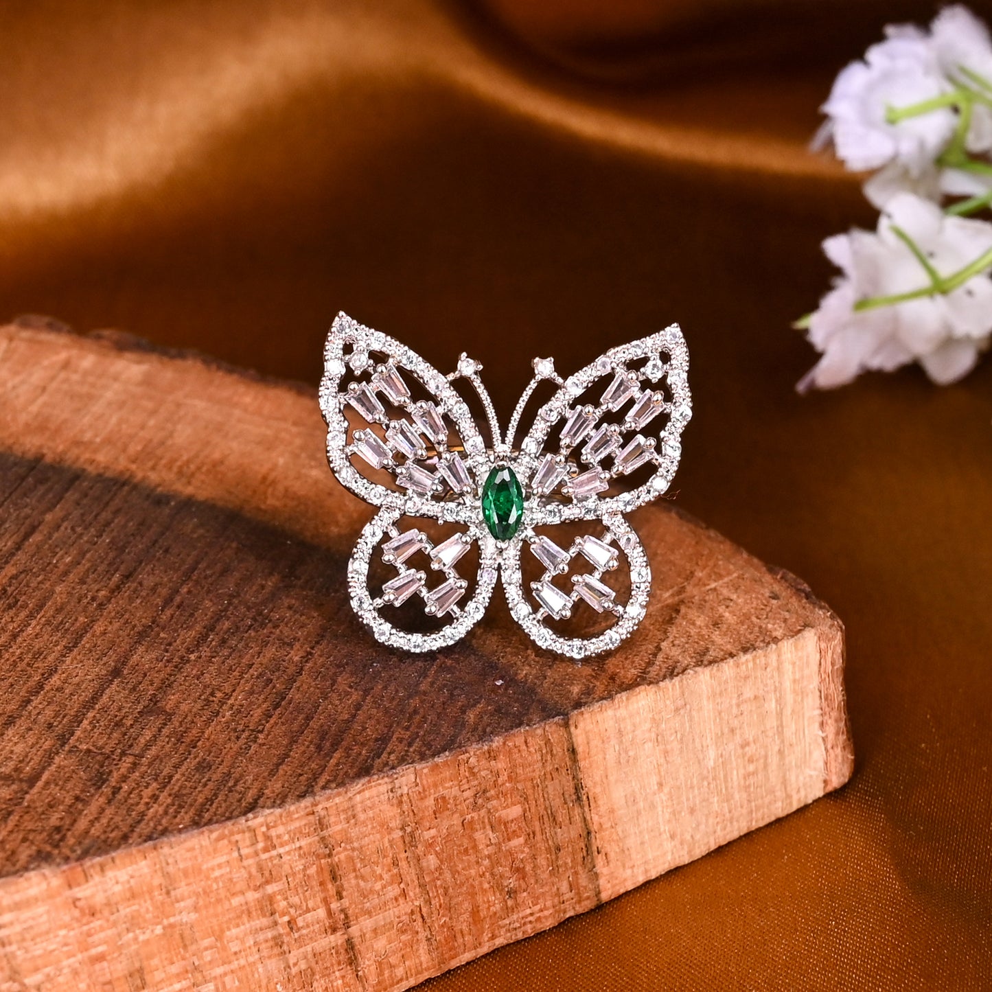 CKLAKART's NOOR Silver-Toned Butterfly Ring Adorned with Emerald green Color Stone and Dazzling American Diamonds