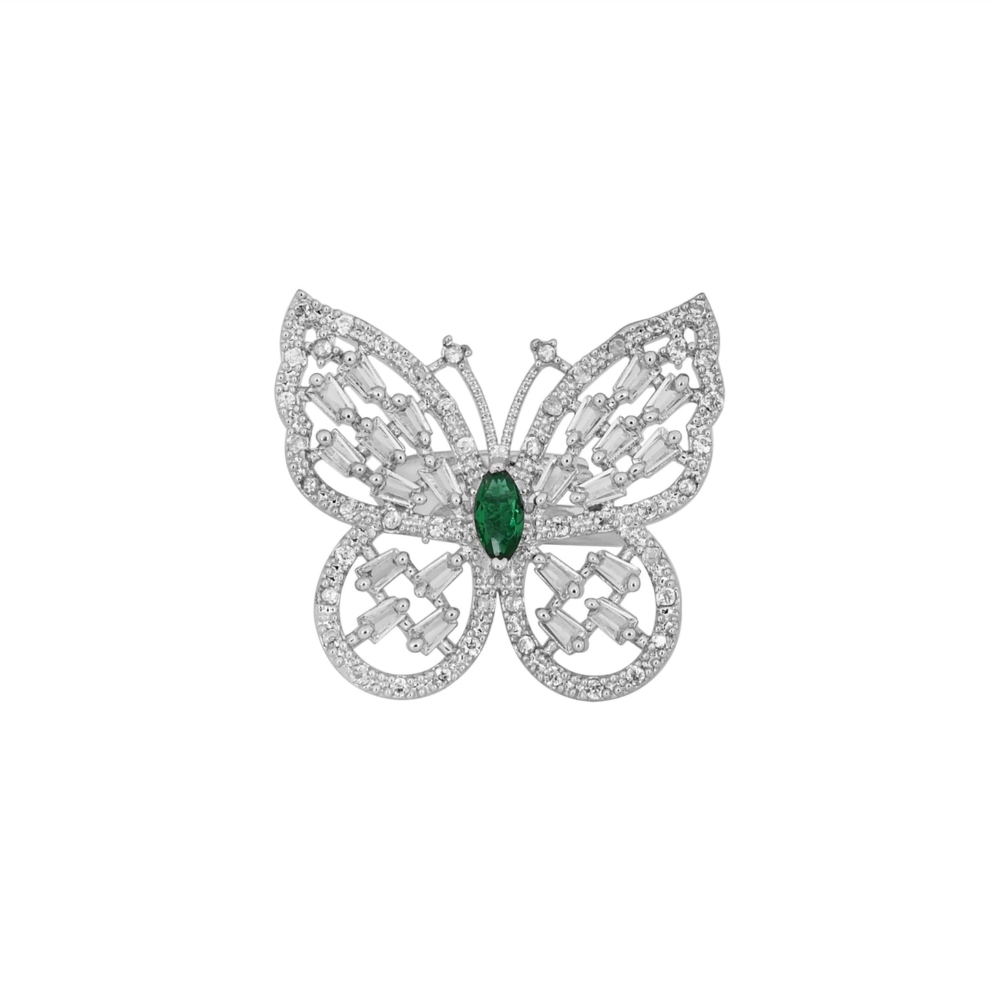 CKLAKART's NOOR Silver-Toned Butterfly Ring Adorned with Emerald green Color Stone and Dazzling American Diamonds