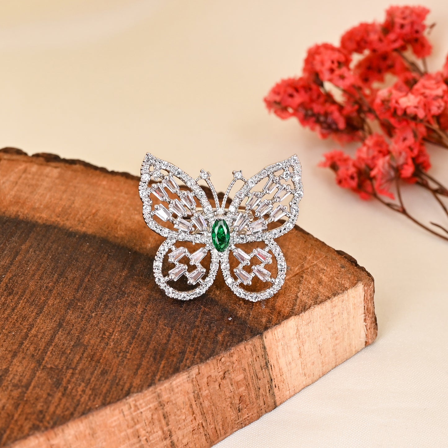 CKLAKART's NOOR Silver-Toned Butterfly Ring Adorned with Emerald green Color Stone and Dazzling American Diamonds