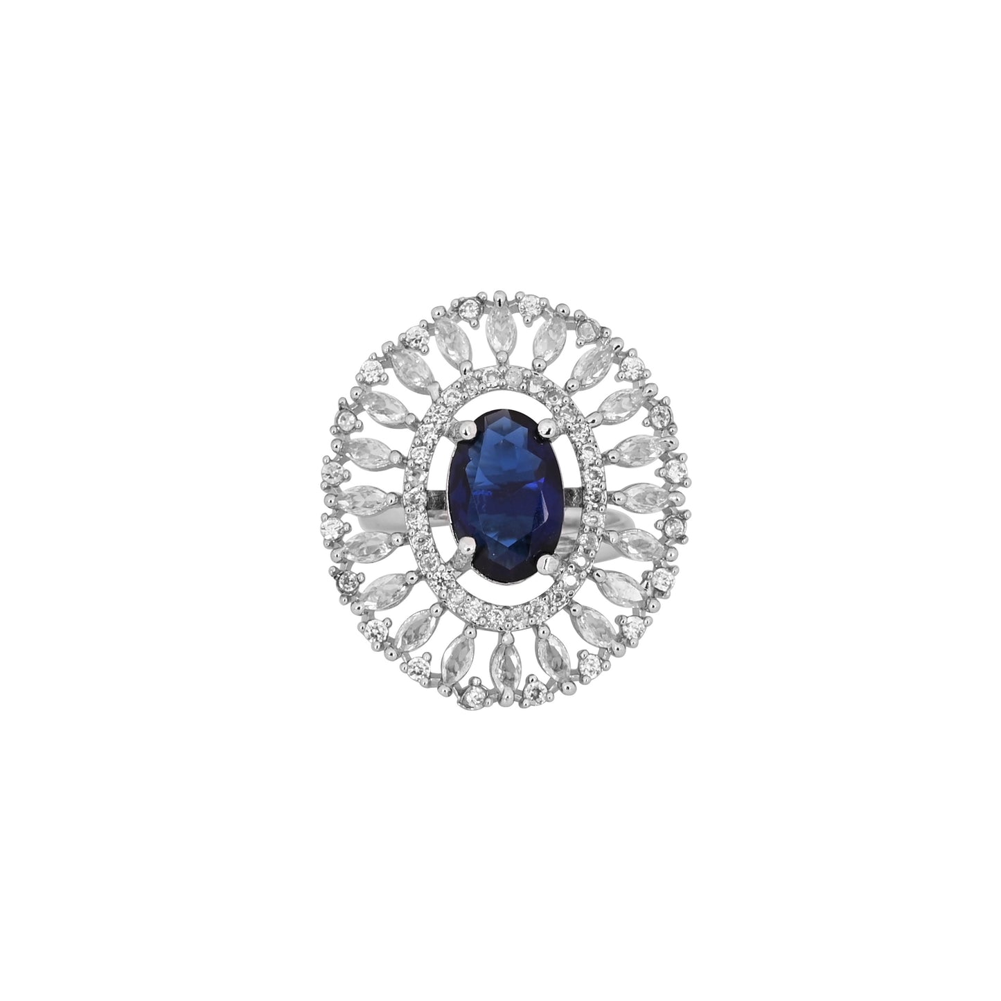 CKLAKART's NOOR Classic Silver-Toned Oval Ring with Blue Sapphire Color Stone and Sophisticated American Diamonds