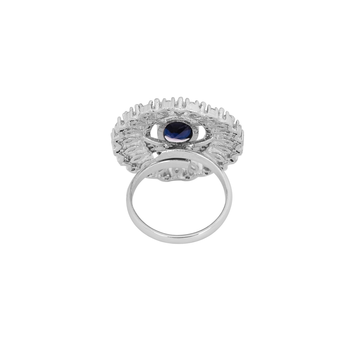 CKLAKART's NOOR Classic Silver-Toned Oval Ring with Blue Sapphire Color Stone and Sophisticated American Diamonds