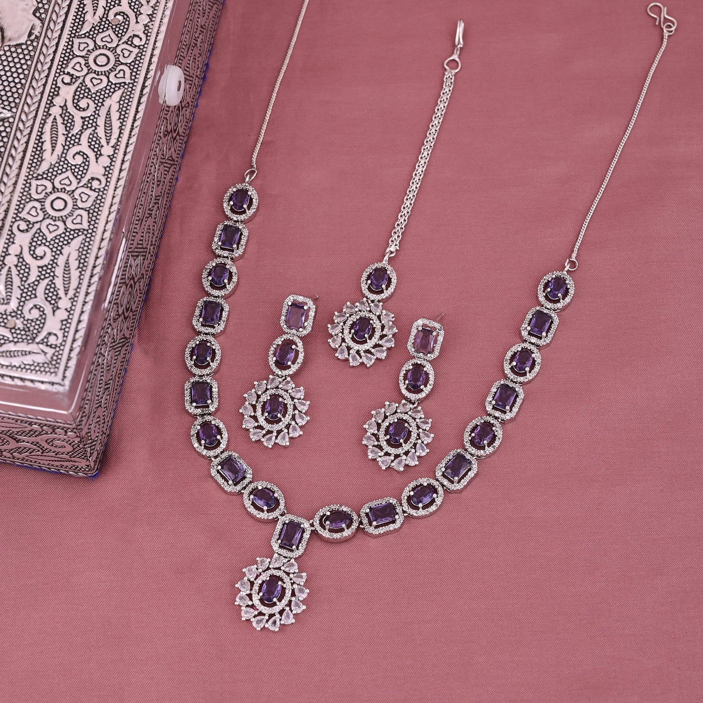 CKLAKART's NOOR Refined Silver Necklace Set with Amethyst Purple Stones and Elegant American Diamond Accents