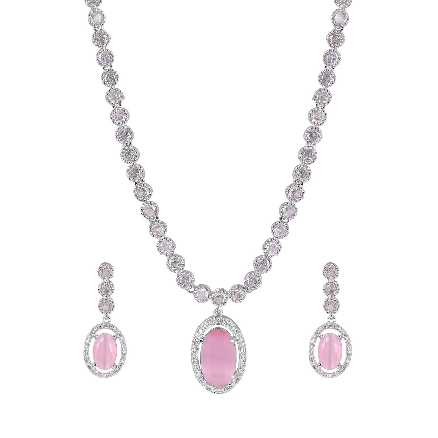 CKLAKART's NOOR Silver-Toned Oval Drop Necklace Set Adorned with Pink Stones and Dazzling American Diamonds