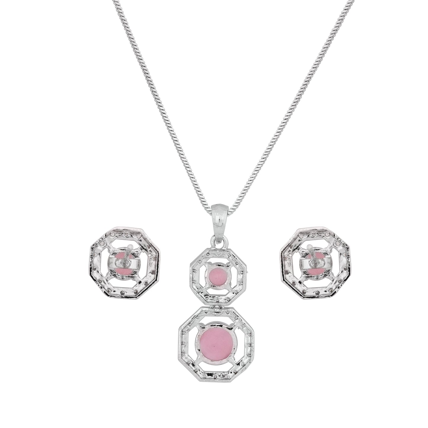 CKLAKART's NOOR Silver-Toned Chain Pendant Set Adorned with Pink Stones and Dazzling American Diamonds