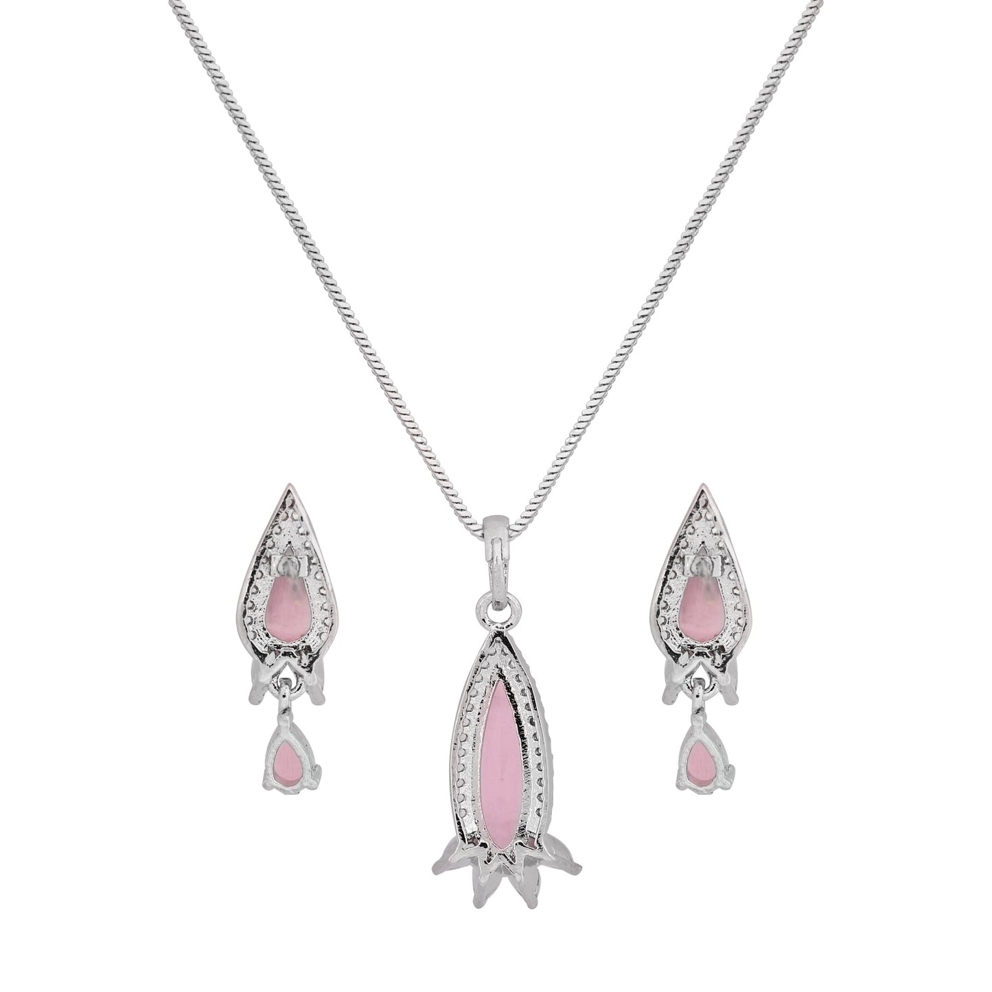 CKLAKART's NOOR Silver Droplet Chain Pendant Set Featuring Pink Stones and Sparkling American Diamonds