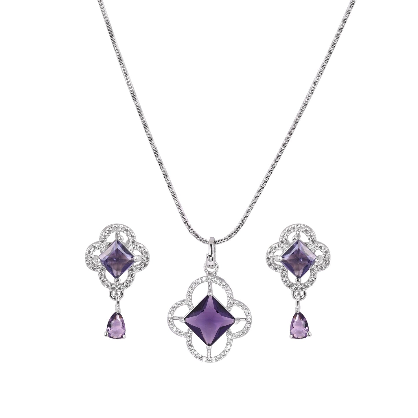 CKLAKART's NOOR Silver-Toned Chain Pendant Set Adorned with Amethyst Purple Stones and Dazzling American Diamonds