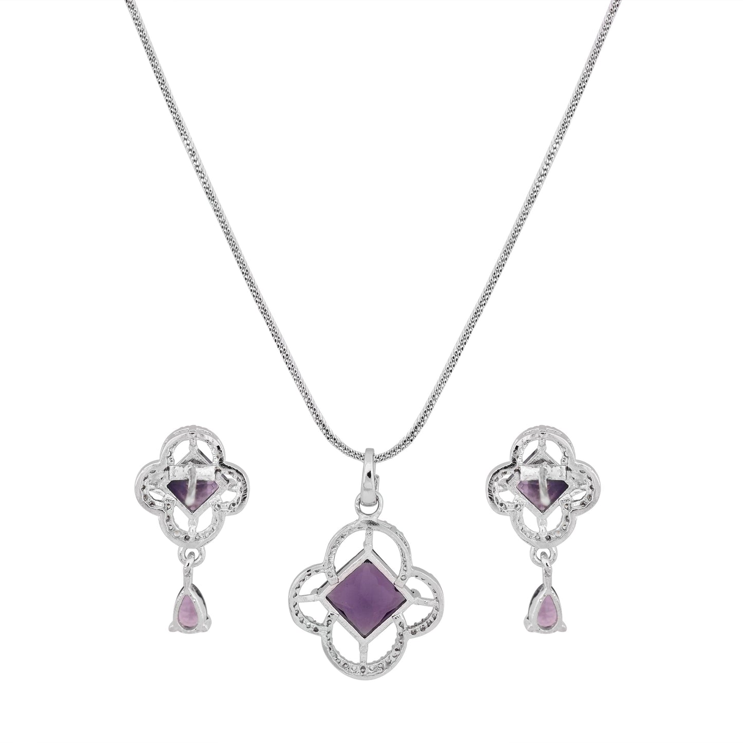 CKLAKART's NOOR Silver-Toned Chain Pendant Set Adorned with Amethyst Purple Stones and Dazzling American Diamonds