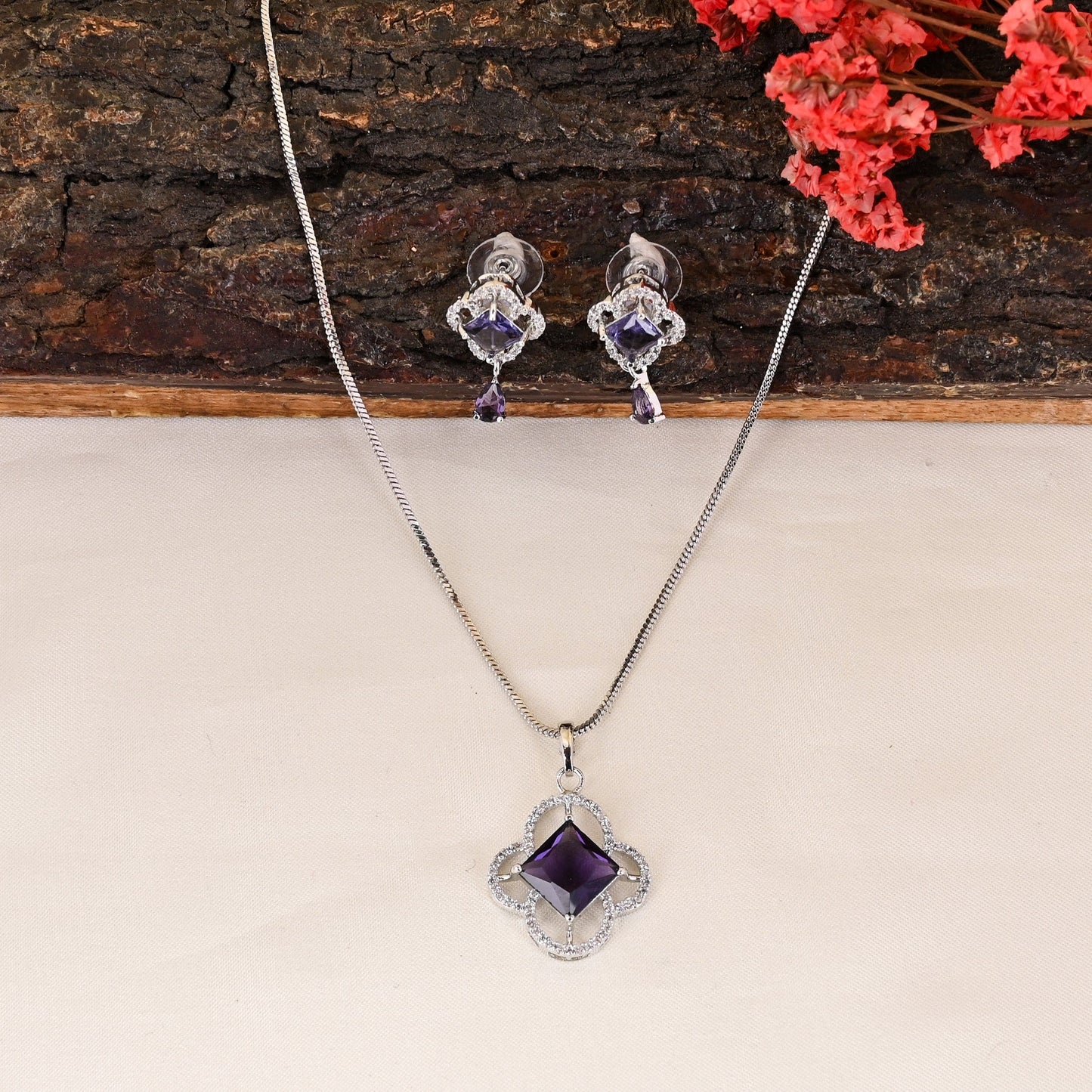 CKLAKART's NOOR Silver-Toned Chain Pendant Set Adorned with Amethyst Purple Stones and Dazzling American Diamonds