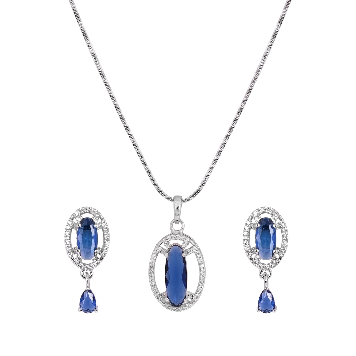 CKLAKART's NOOR Silver-Toned Chain Pendant Set Adorned with Topaz Blue Stones and Dazzling American Diamonds
