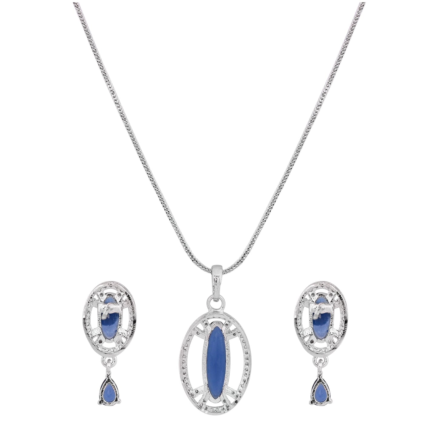 CKLAKART's NOOR Silver-Toned Chain Pendant Set Adorned with Topaz Blue Stones and Dazzling American Diamonds