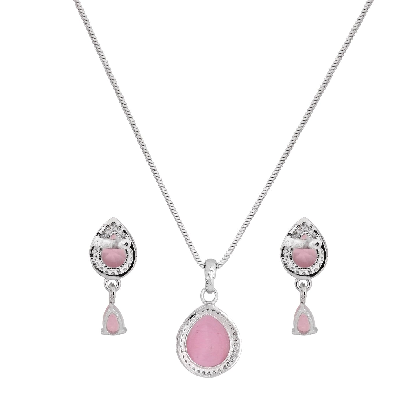 CKLAKART's NOOR Silver-Toned Chain Pendant Set Adorned with Pink Stones and Dazzling American Diamonds