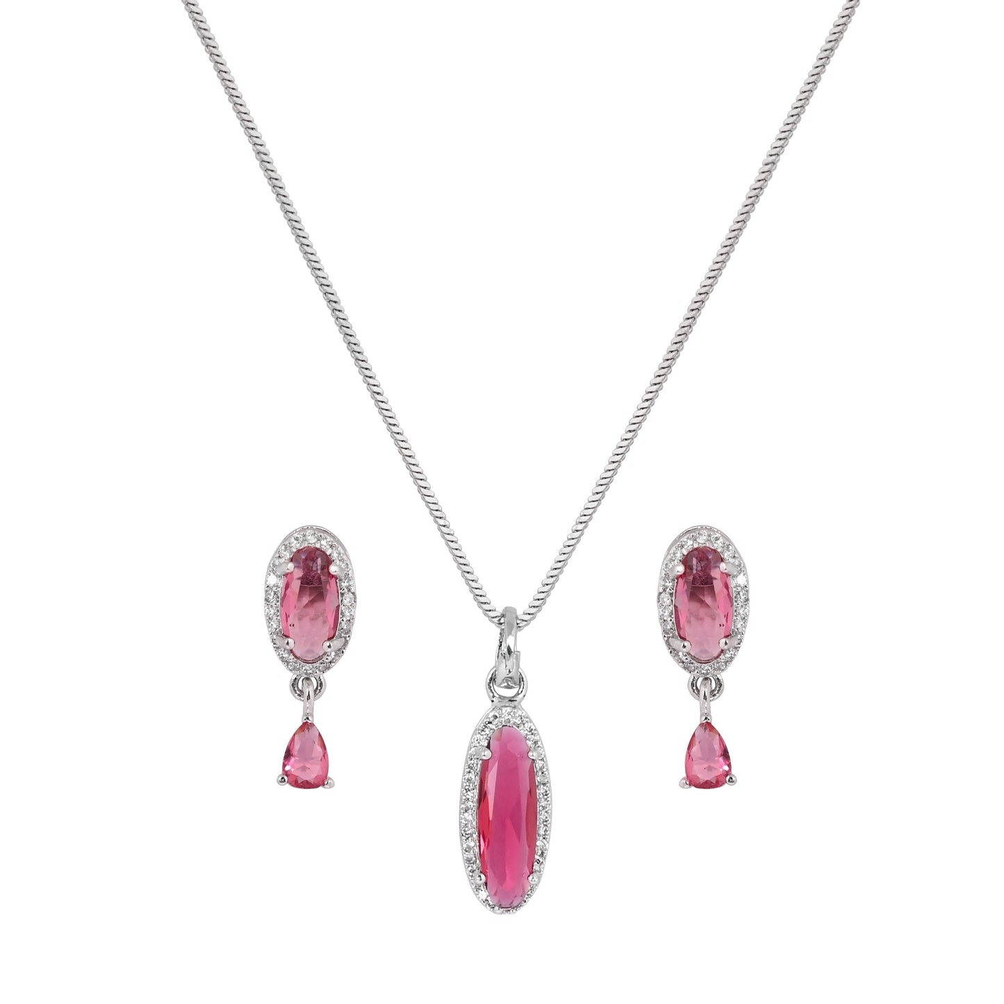 CKLAKART's NOOR Silver-Toned Chain Pendant Set Adorned with Ruby Red Stones and Dazzling American Diamonds