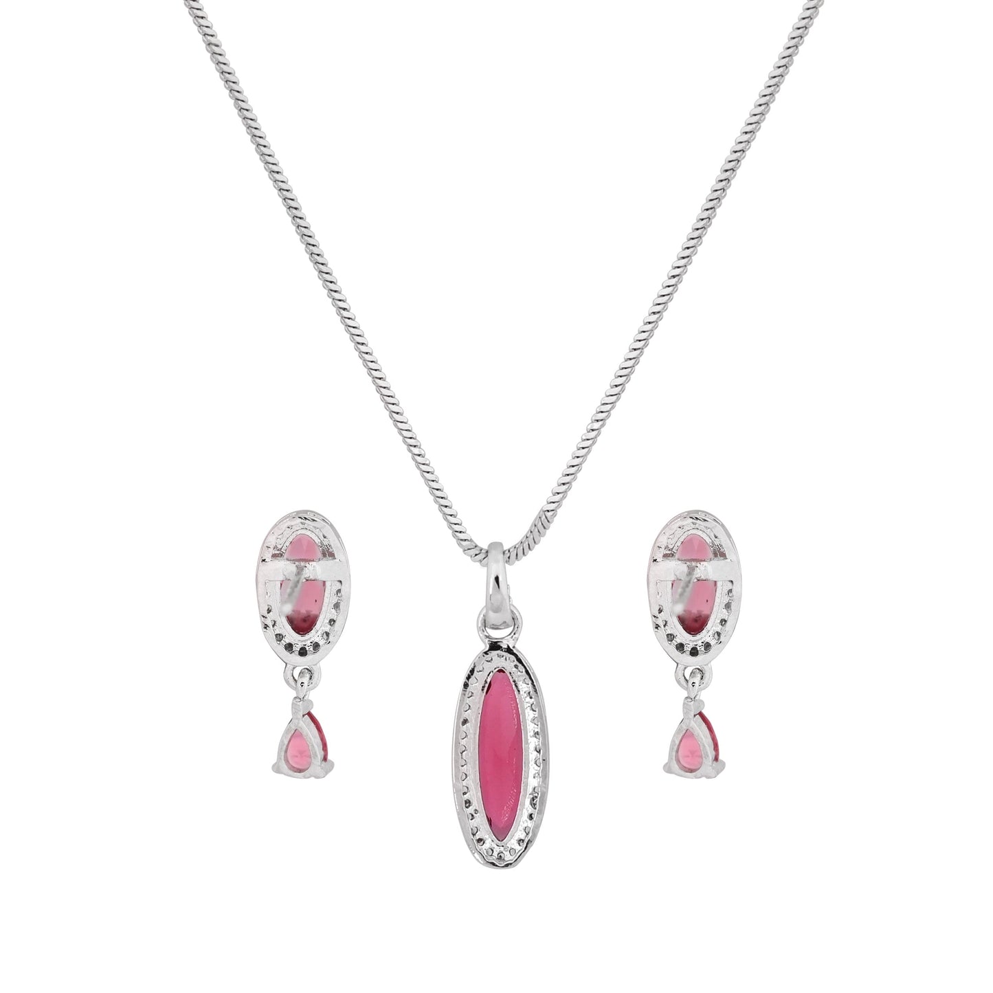 CKLAKART's NOOR Silver-Toned Chain Pendant Set Adorned with Ruby Red Stones and Dazzling American Diamonds