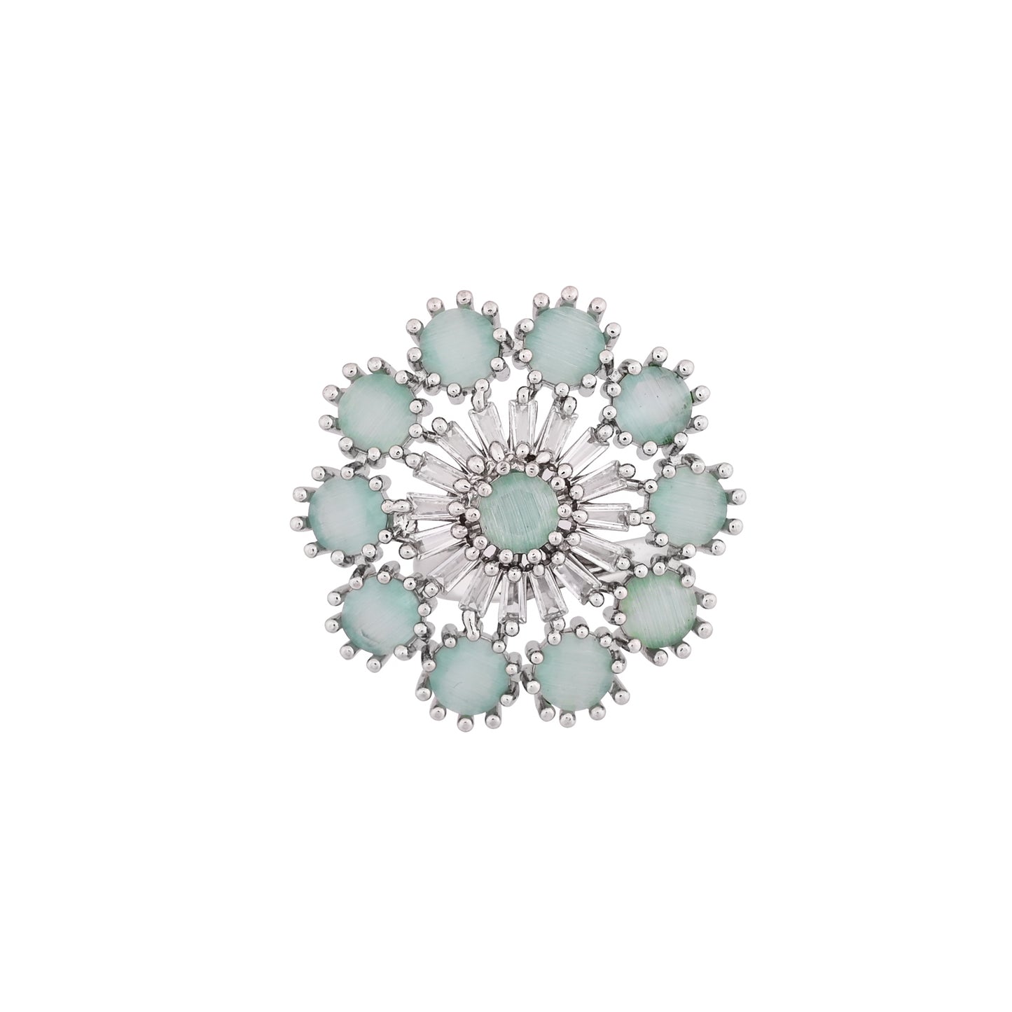CKLAKART's NOOR Silver Big Ring Featuring Aquamarine Stones and Sparkling American Diamonds