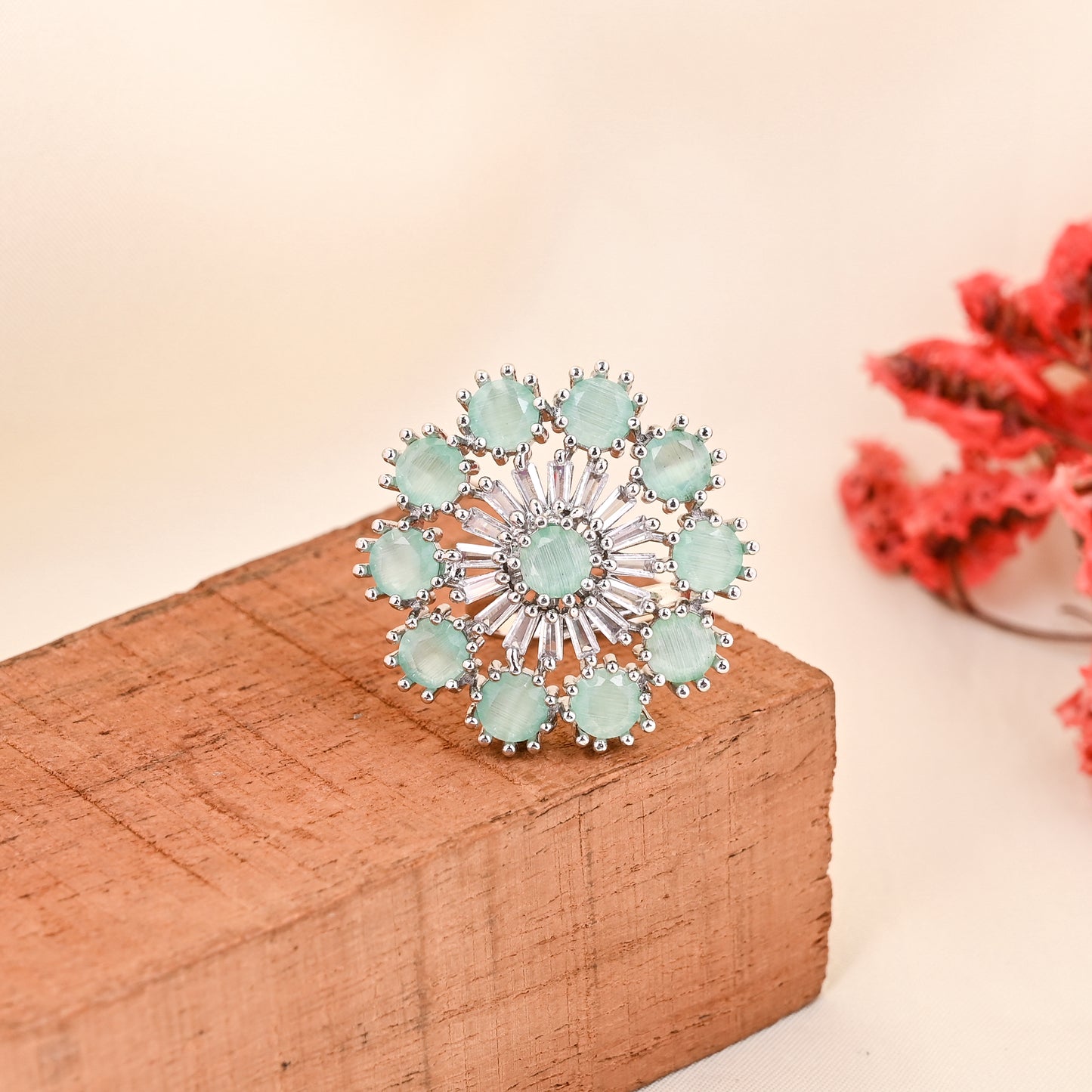 CKLAKART's NOOR Silver Big Ring Featuring Aquamarine Stones and Sparkling American Diamonds