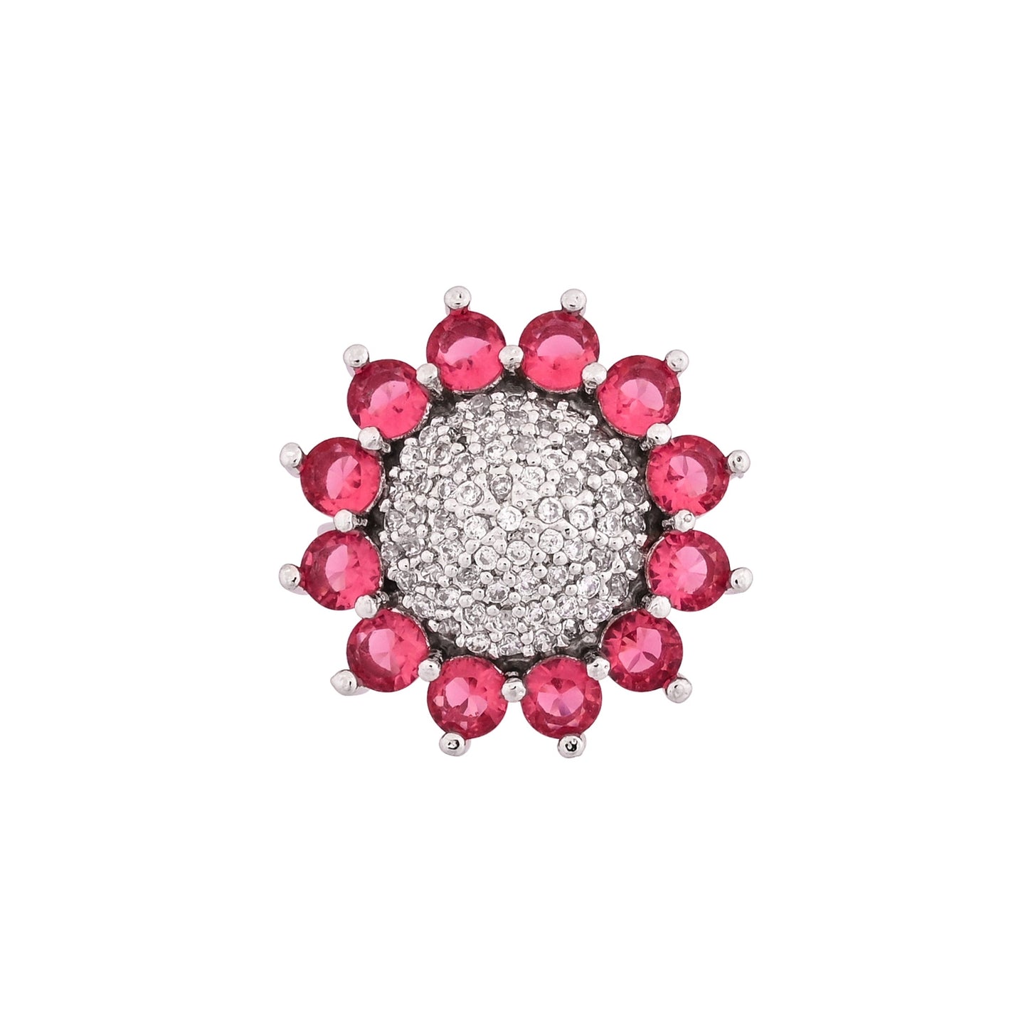 CKLAKART's NOOR Silver Big Ring Featuring Ruby Red Stones and Sparkling American Diamonds