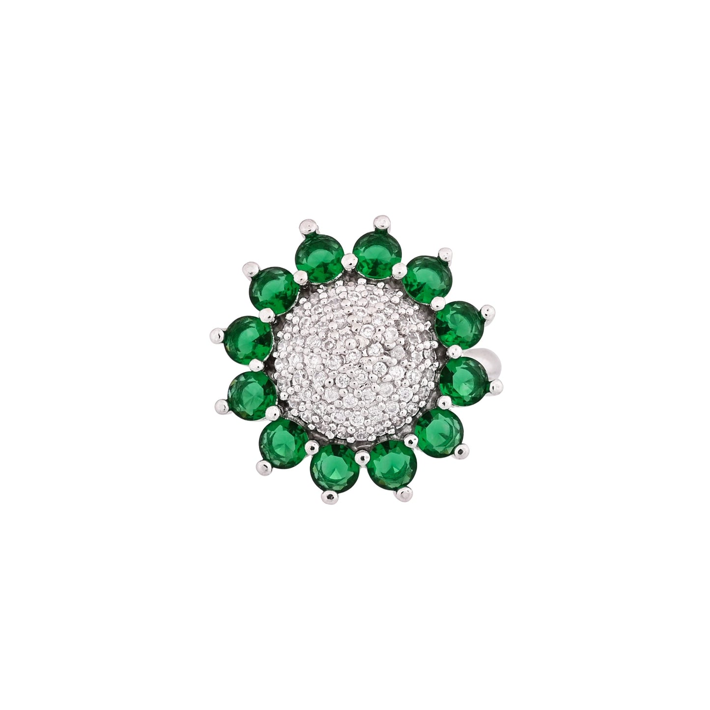 CKLAKART's NOOR Silver Big Ring Featuring Emerald Green Stones and Sparkling American Diamonds