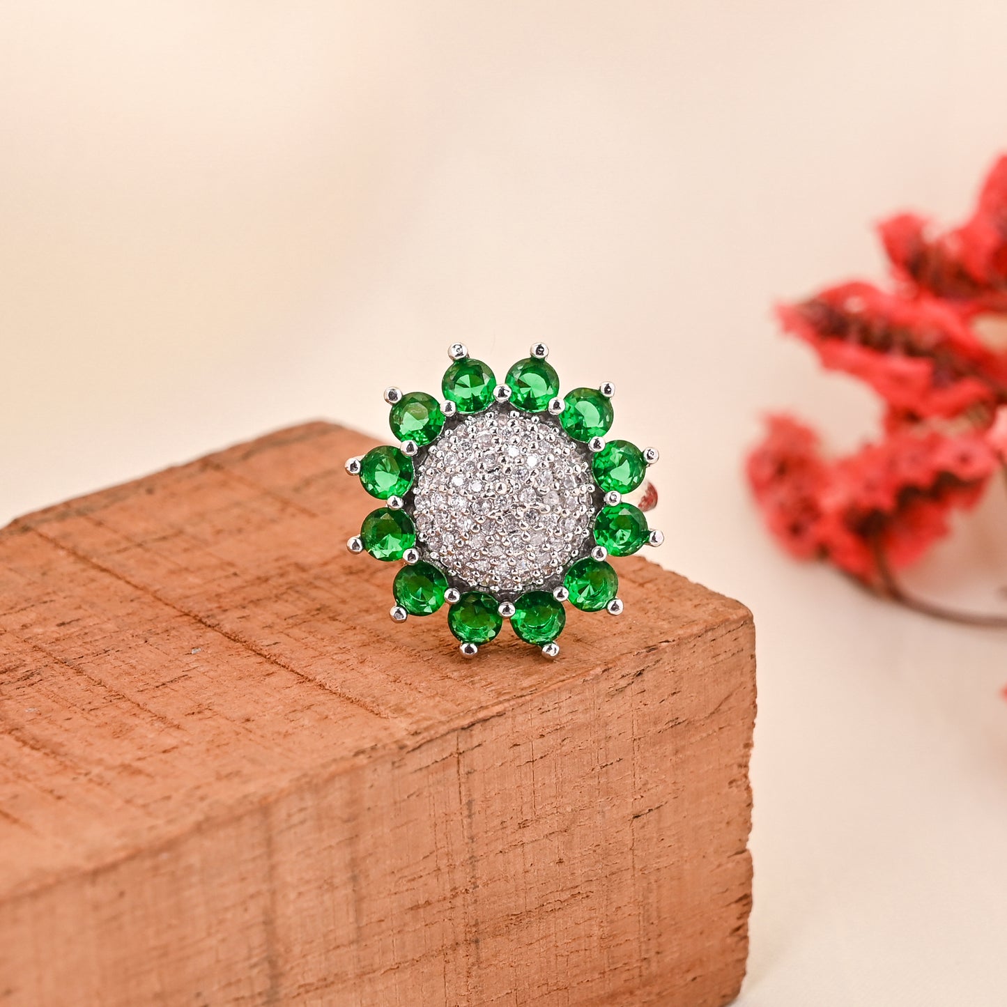 CKLAKART's NOOR Silver Big Ring Featuring Emerald Green Stones and Sparkling American Diamonds