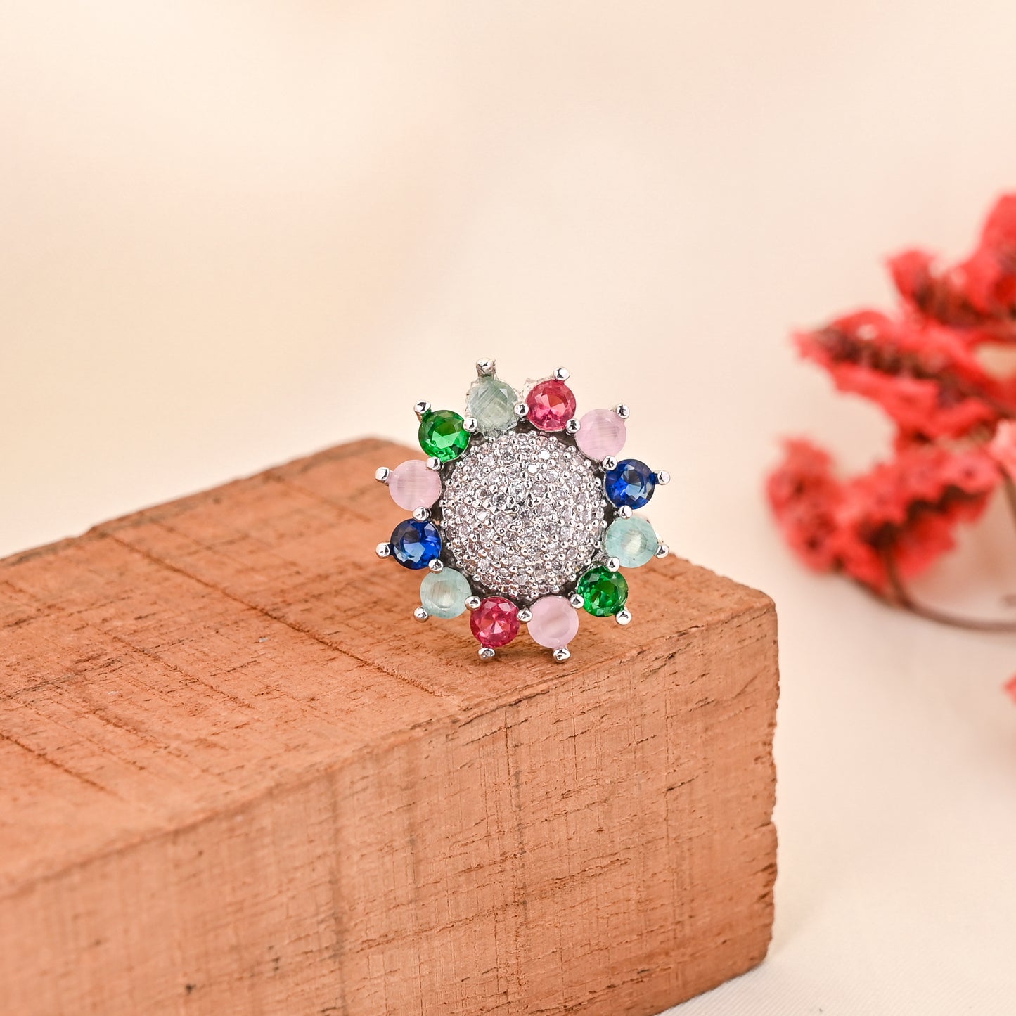 CKLAKART's NOOR Silver Big Ring Featuring Multi Color Stones and Sparkling American Diamonds