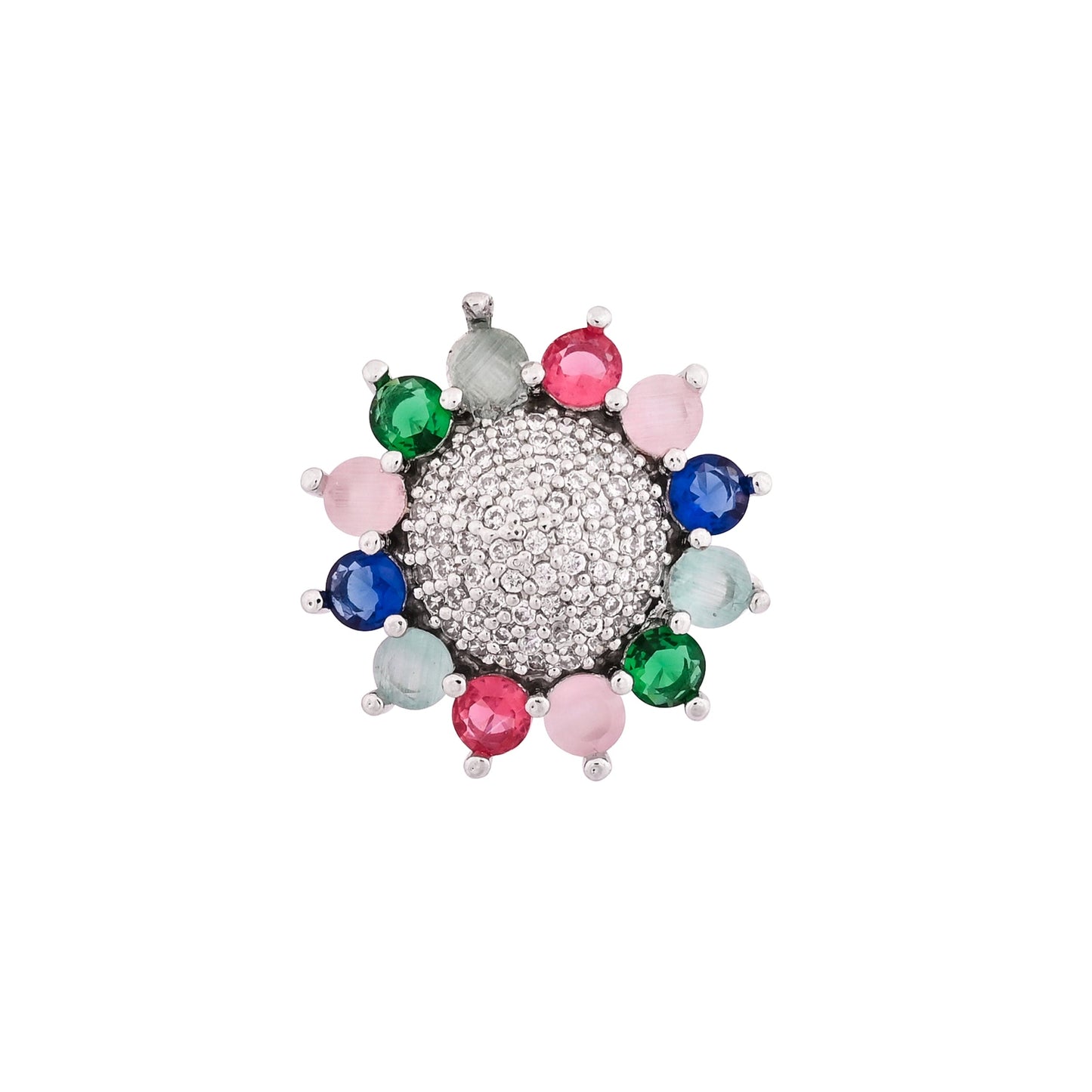 CKLAKART's NOOR Silver Big Ring Featuring Multi Color Stones and Sparkling American Diamonds