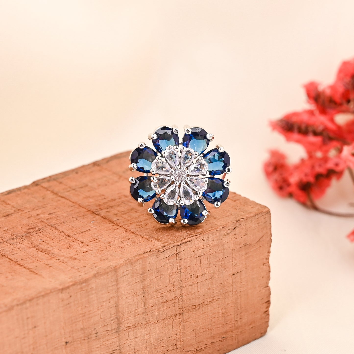 CKLAKART's NOOR Silver-Toned Ring Adorned with Sapphire Blue Stones and Dazzling American Diamonds