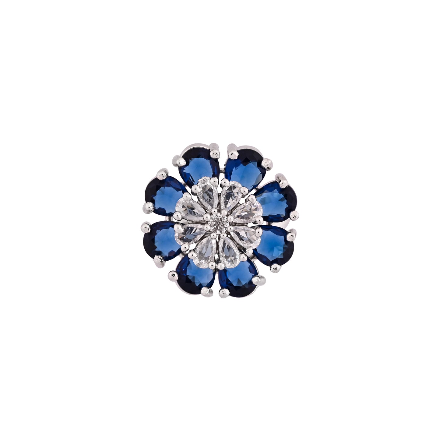 CKLAKART's NOOR Silver-Toned Ring Adorned with Sapphire Blue Stones and Dazzling American Diamonds