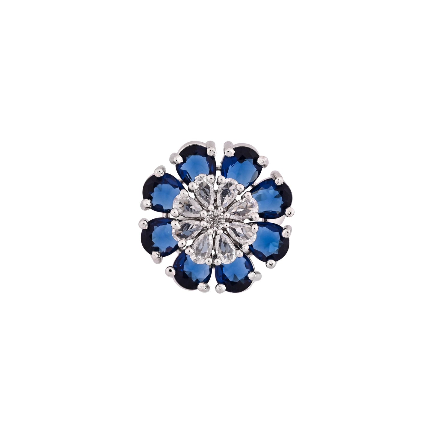 CKLAKART's NOOR Silver-Toned Ring Adorned with Sapphire Blue Stones and Dazzling American Diamonds