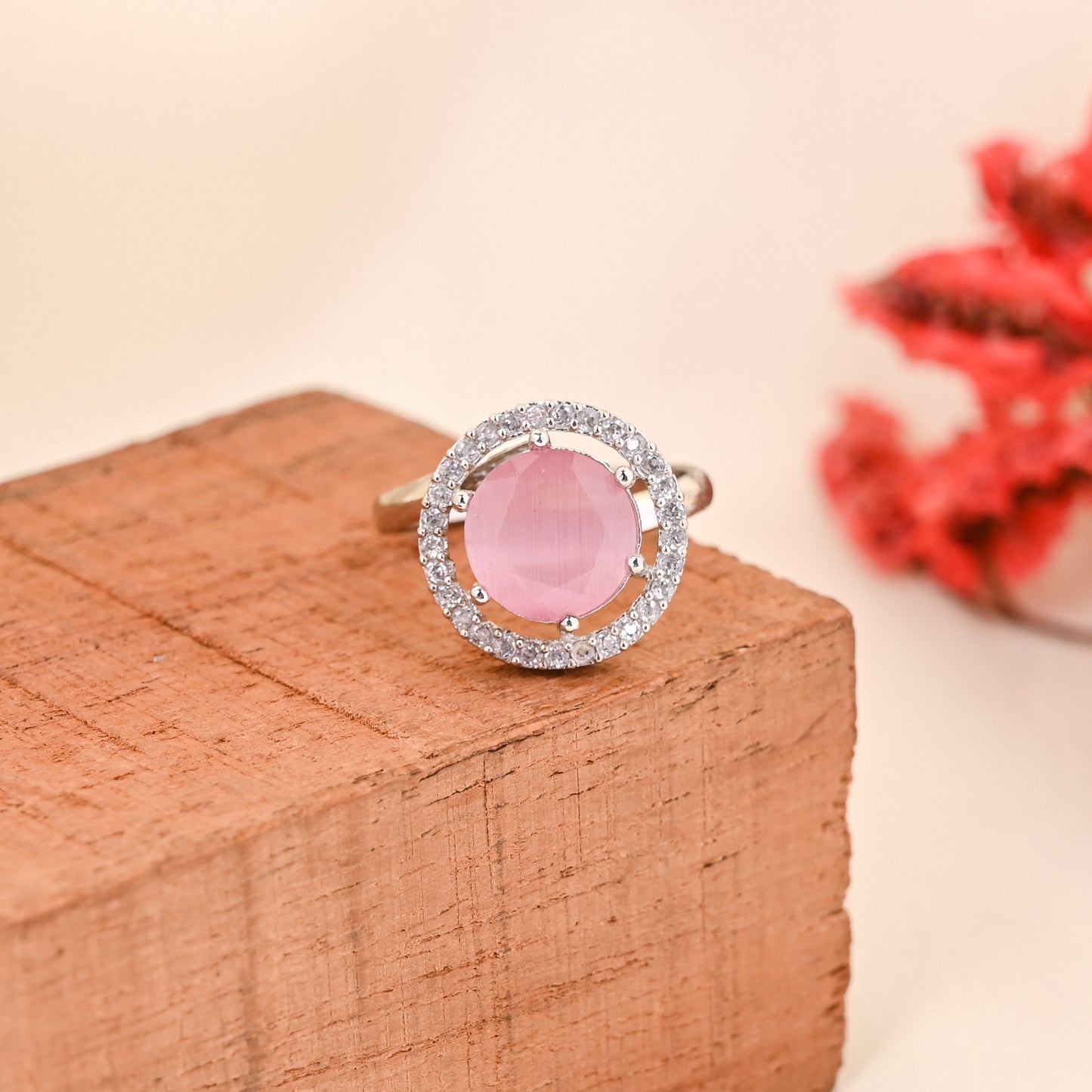 CKLAKART's NOOR Silver-Toned Ring Adorned with Pink Stones and Dazzling American Diamonds