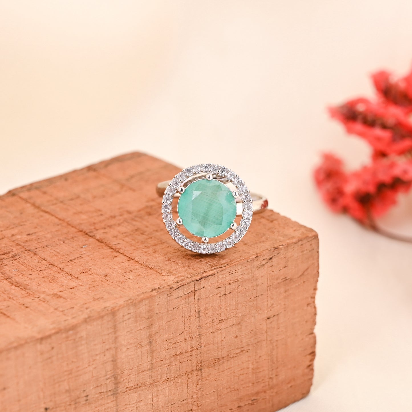 CKLAKART's NOOR Silver-Toned Ring Adorned with Aquamarine Stones and Dazzling American Diamonds